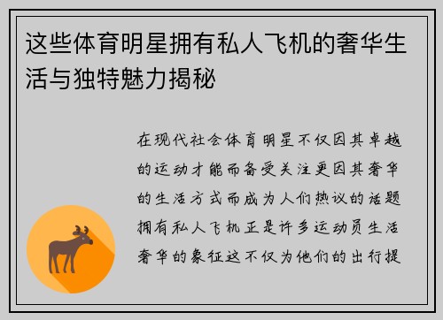 这些体育明星拥有私人飞机的奢华生活与独特魅力揭秘
